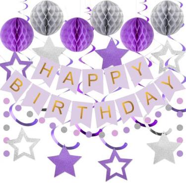 Imagem de Decorações de aniversário meowtastic Happy Birthday Purple & Silver