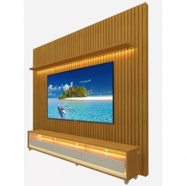 Imagem de Rack Com Painel 2.3 Ripado Com Led E Rodízio Nobre Naturale Com Off White - Gelius Móveis