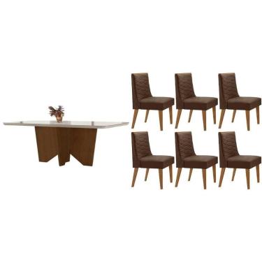 Imagem de Conjunto Sala de Jantar Nevada c/ Tampo Madeirado c/ Vidro Canto Curvo 180x90cm e 6 Cadeiras Dafne Madeira Maciça Naturale/Off White - Capuccino/Suede