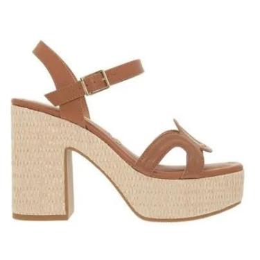 Imagem de Vizzano Sandália Plataforma Feminina em Couro Sintético, Caramelo, Salto Bloco, Tiras Ajustáveis (BR, Adulto, Numérico, 37)