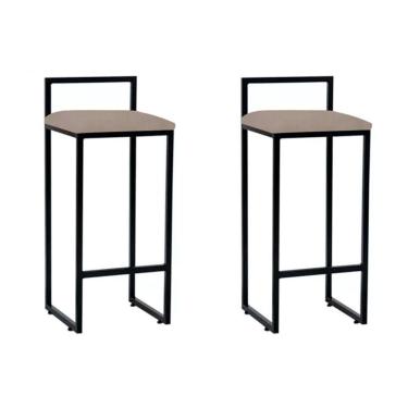 Imagem de Kit 2 Banquetas Altas Industriais Em Aço Dori Preto Assento Suede Bege - Cor: Bege