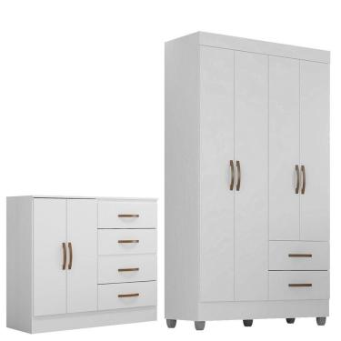 Imagem de Kit Guarda-roupa Solteiro 4 Portas E Cômoda Sapateira 2 Portas Lisa Branco