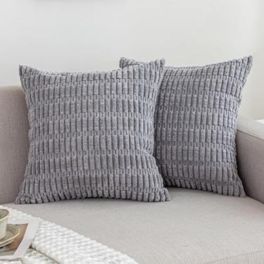 Imagem de FONSHALE 2 pacotes de capas de almofada decorativas cinza claro 50 x 50 cm Boho veludo cotelê listrado moderna decoração de casa de fazenda para sofá, sala de estar, sofá-cama