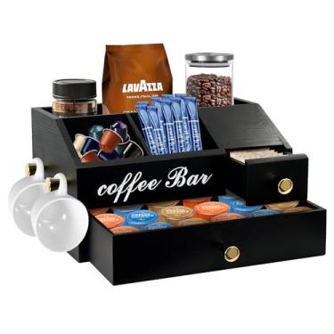 Imagem de Organizador de estação de café – Porta-copos de madeira de fazenda para balcão, organizador de lanches de bancada com alças para pendurar, adequado para lanches, cápsulas de café, xaropes e vários