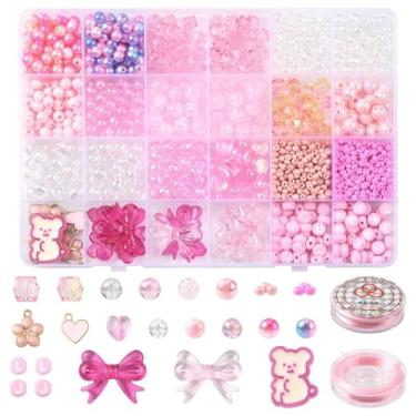 Imagem de MakemadeDIY Kit de 1404 peças de joias rosa fofas, incluindo laço redondo quadrado coração letra acrílica vidro semente contas de pérolas de plástico e pingentes de flores para pulseiras, colares