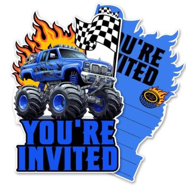 Imagem de QYCFDXD Convites de festa temáticos Monster Truck com envelopes, conjunto de 20 convites em forma de caminhão monstro aniversário chá de bebê convites suprimentos lembrancinhas, dupla face (azul)