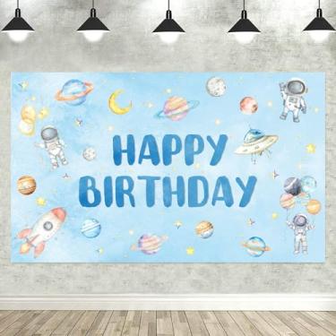 Imagem de Espaço sideral feliz aniversário pano de fundo astronauta foguete planetas sistema solar fotografia banner cabine fotográfica para crianças meninos espaço tema galáxia suprimentos de festa de