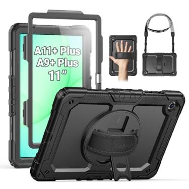 Imagem de SEYMAC Capa para Samsung Galaxy Tab A11+ Plus/A9+ Plus 11 polegadas 2025/2023, capa protetora resistente à prova de choque com protetor de tela, suporte giratório e alça de mão/ombro, preta