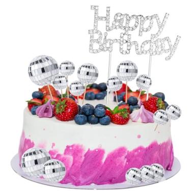 Imagem de 20 peças de topos de cupcake de bola de discoteca com placa de feliz aniversário de liga, vários tamanhos, palitos de bolo, tema de discoteca, topos de bolo para lembrancinhas de festa discoteca dos