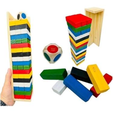 Imagem de Jogo Caiu Perdeu 54 Pçs Madeira de Reflorestamento Colorida Torre Maluca com Dado, Suporte Jogo de Equilibrio em Madeira com Base e Dado - Brinquedo Educativo Original (Colorido)