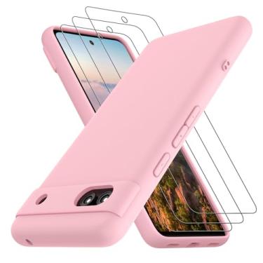 Imagem de Neseovge Capa de telefone para Google Pixel 7A com 3 películas de vidro temperado, TPU de silicone líquido macio com forro de microfibra, capa protetora de corpo inteiro para Google Pixel 7A, rosa