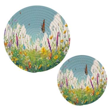 Imagem de Blueangle 2 peças de suporte de panela de flores silvestres de verão - conjunto de pegadores de panela de tecido redondo - almofadas quentes trançadas de algodão - porta-copos - tapetes de mesa para
