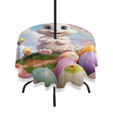 Imagem de Blueangle Toalha de mesa redonda impermeável de 152 cm Coelhinho da Páscoa feliz com orifício para guarda-chuva - Tecido resistente à prova de sol para todos os climas para pátio, acampamento