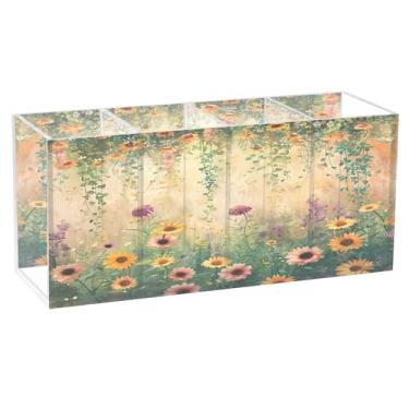 Imagem de SEHANY Porta-canetas de parede vintage de jardim para mesa, 4 compartimentos, porta-lápis de acrílico, organizador de pincéis de maquiagem, organizador de papelaria para escritório, casa