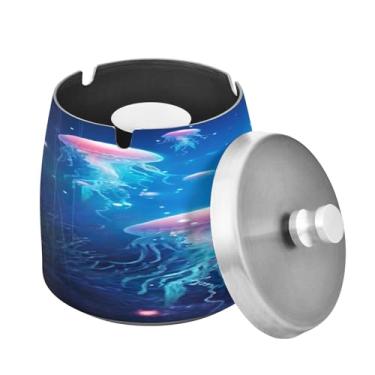 Imagem de Blueangle Cinzeiro de água-viva brilhante com tampa para cigarros, à prova de vento/chuva, aço inoxidável, sem fumaça, inodoro, cinzeiro para uso interno ou externo (306)