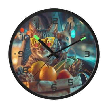 Imagem de SEHANY Relógio de parede engraçado para dirigir gato, silencioso, sem tique-taque, operado por bateria, controle de som, luz noturna, relógios de parede para sala de estar, cozinha, quarto, escritório