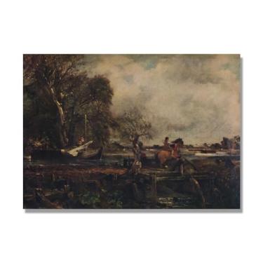 Imagem de Arte em tela de paisagem estilo Constable, (Cavalo saltando), pintura romântica do campo inglês, decoração de parede texturizada com pincelada pesada. Apenas tela de 60 x 84 cm - 23,6 x 33,1 pol