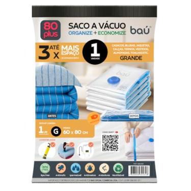 Imagem de Saco a Vácuo Organizador 80 Plus Kit 1 unidade (G) 60x80 cm | Reduz 80% do volume | Roupas, edredom, viagem | Reutilizável, 80 micras, válvula dupla