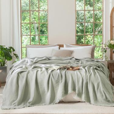 Imagem de MooMee Cobertor de musselina – Cobertor de gaze 100% algodão de 4 camadas com borlas ultramacio respirável leve refrescante para sofá de cama (verde sálvia, tamanho queen grande 248 cm x 248 cm)