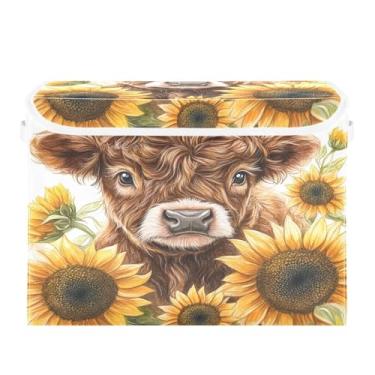 Imagem de CEBUGI Caixotes de armazenamento com tampas caixa de armazenamento de tecido dobrável Highland Cow Girassol cubos organizadores de armazenamento para armário de casa prateleiras de quarto 16,5 x 12,6