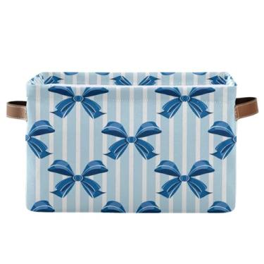 Imagem de Wassud Cesto de armazenamento listrado Blue Bows para organizar caixa de armazenamento decorativa dobrável aberta para casa com alça de tecido de lona armário armário quarto 2 unidades