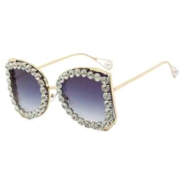 Imagem de Óculos de sol femininos populares com imitação de diamante e borboleta, armação grande e luxuosa, para homens e mulheres, para atividades ao ar livre e viagens, UV400 (cinza com degradê dourado)