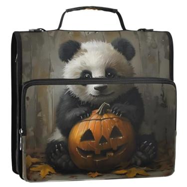 Imagem de CEBUGI Fichário de 3 anéis com zíper com alça de ombro, pasta de arquivo expansível de 3,8 cm, anéis D, para escola, escritório, Halloween, panda