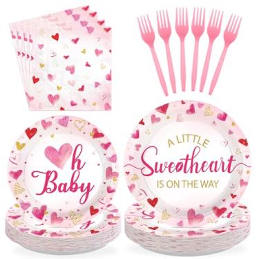 Imagem de 96 peças de artigos de festa de chá de bebê para dia dos namorados, um pequeno amor está a caminho, pratos e guardanapos descartáveis, aquarela, coração, coração, conjunto de utensílios de mesa para