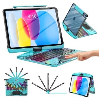 Imagem de Capa transparente com teclado sem fio para iPad (A16) 11ª geração 11 polegadas 2025/iPad 10ª geração 10 polegadas 2022 com suporte para lápis e trackpad multitoque, retroiluminação em 7 cores, rotação