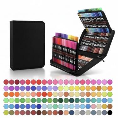 Imagem de Kit 120 Canetas Marcadores Dupla Ponta – Brush e Ponta Fina Tinta à Base de Água Cores Vivas para Desenho Lettering e Caligrafia com Estojo