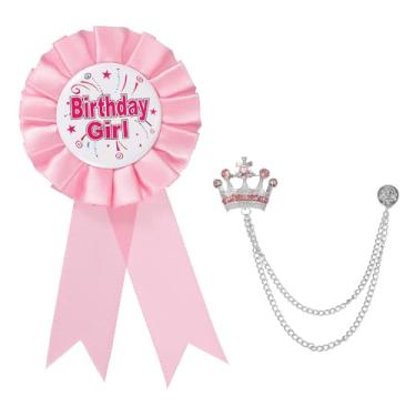 Imagem de PATIKIL Broche de botão de mulher de aniversário, alfinetes de crachá de fita de prêmio de tecido de cetim e broche de corrente pendurada em coroa para decoração de festa de aniversário, One Size