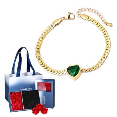 Imagem de FLORA Pulseira de ouro com zircônia verde e coração pulseira de aço de titânio elegante e versátil para mulheres Conjunto de presente