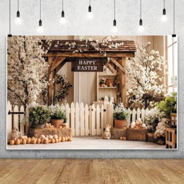 Imagem de Leowefowa Fundo de 3 x 2,4 m Happy Easter Eggs Easter Eggs Rabbit Farmhouse Wood Barn Background for Photography Spring Floral Tree Garden Cute Bunny Party Banner Decor Photo Studio Props