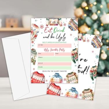 Imagem de OXRUN Convites de festa de Natal, 25 convites de suéter feio com envelopes para chá de panela, chá de bebê, aniversário, festa de Natal, cartões de convite frente e verso - E08