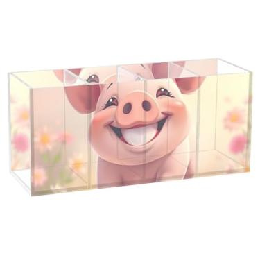 Imagem de TSENQUE Porta-canetas de mesa fofas artísticas divertidas de desenho animado porco fofo copos de lápis de acrílico organizador de marcadores artísticos personalizado escritório estético armazenamento
