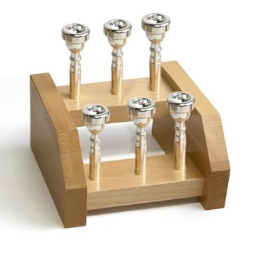 Imagem de Suporte de bocal para trompete, suporte de madeira com 6 compartimentos, suporte de armazenamento e exibição de 2 camadas, mantém os bocais de trompete seguros, arrumados e facilmente acessíveis (6