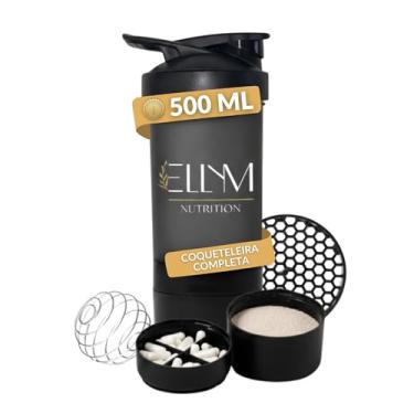 Imagem de Coqueteleira Shakeira Garrafinha Copo Academia Com Porta Comprimido e Whey 500ml Preta Ellym Nutrition 15x8x8