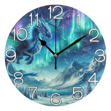 Imagem de GAIGEO Relógio de parede analógico decorativo relógio de cozinha bonito operado por bateria, decoração de sala de estar, arte moderna, dragão azul brilhante inverno, 25 cm, ponteiros pretos