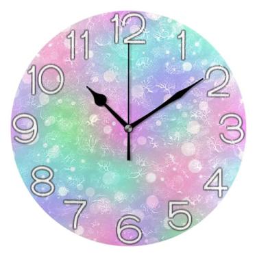 Imagem de Relógio de parede decorativo analógico operado por bateria relógio de cozinha fofo, decoração de parede vintage, sala de estar, gradientes pastel, rosa, 25 cm, ponteiros dourados