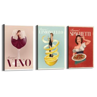Imagem de Impressões em tela engraçadas italianas de comida e bebida – Pôster retrô de mulher em vidro com Limoncello Spaghetti Vino Pasta Cozinha Bar Decoração de parede (SKU4-3PCS, 20.3x30.5 cm = (20x30 cm