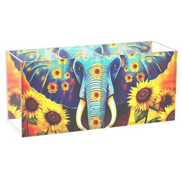 Imagem de TSENQUE Porta-lápis de mesa de acrílico personalizado elefante azul girassóis bonito marcador artístico suporte de pincel copos de lápis papelário material de escritório para mulheres