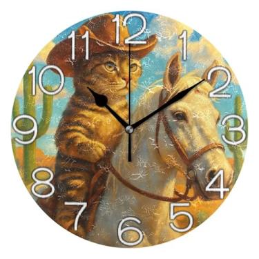 Imagem de GAIGEO Relógio de parede analógico decorativo relógio de cozinha bonito funky alimentado por bateria, decoração de parede de meados do século sala de estar engraçado gato cowboy cavalo, 25 cm