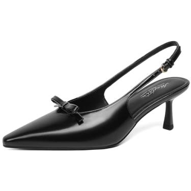 Imagem de Mostrin Salto gatinho Slingback para mulheres, salto médio, couro, bico fino, fechado, stiletto 7,6 cm, sapatos sociais para festas de casamento, Preto, 36