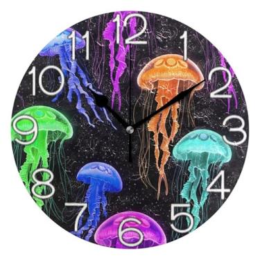 Imagem de Relógio de parede analógico decorativo redondo sem tique-taque silencioso relógio de cozinha rústico, decoração de parede retrô moderna art déco, água-viva brilhante colorida, roxo, 25 cm, ponteiros