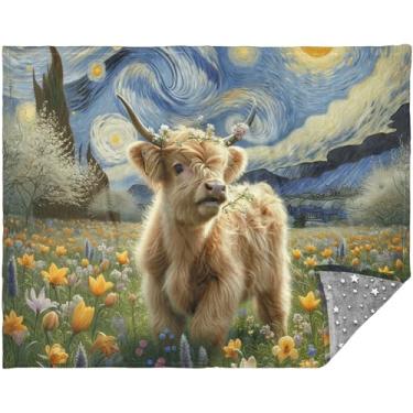 Imagem de TSENQUE Cobertores e mantas personalizadas de bezerro de vaca Highland Noite estrelada para sofá ao ar livre presentes de viagem mulheres adultas 177,8 cm x 139,7 cm cobertor grande de férias