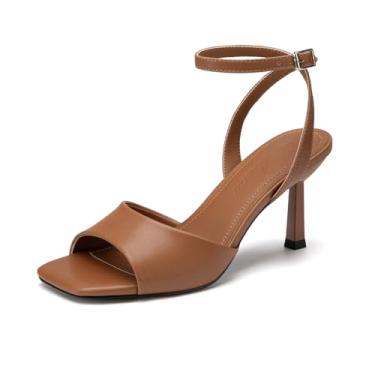 Imagem de Athlefit Sandálias femininas de salto alto com bico aberto de malha de 7,6 cm, salto agulha com tira no tornozelo, para festa de casamento, Marrom PU, 41