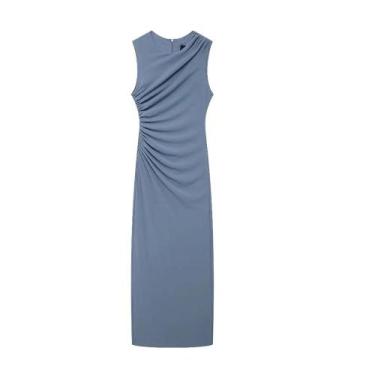 Imagem de Vestido Midi Sem Mangas Com Plissado Para Mulheres, Ajuste Slim, Moda 