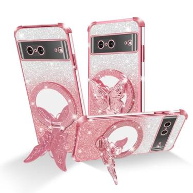 Imagem de Easyscen Capa para celular Google Pixel 7 (6,3 polegadas), com suporte de borboleta e 4 cantos de airbag, capa protetora à prova de choque de luxo com glitter para mulheres - ouro rosa