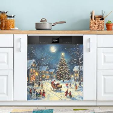 Imagem de SEHANY Linda capa magnética de Papai Noel para lava-louças, adesivos magnéticos decorativos antiarranhões para painel de geladeira e lava-louças, decoração de Natal de cozinha doméstica 58 x 66 cm