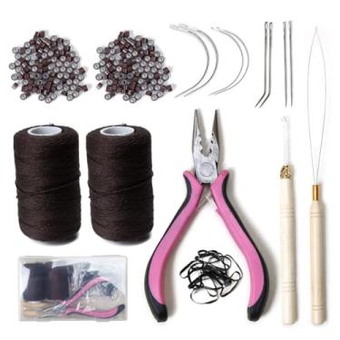 Imagem de Kraler Kit de ferramentas de extensão de cabelo 200 contas de silicone, 1 alicate de três furos, 2 linhas de costura, 1 ferramenta de laço, 1 gancho de crochê, 4 tipos de agulhas de crochê, 1 bolsa
